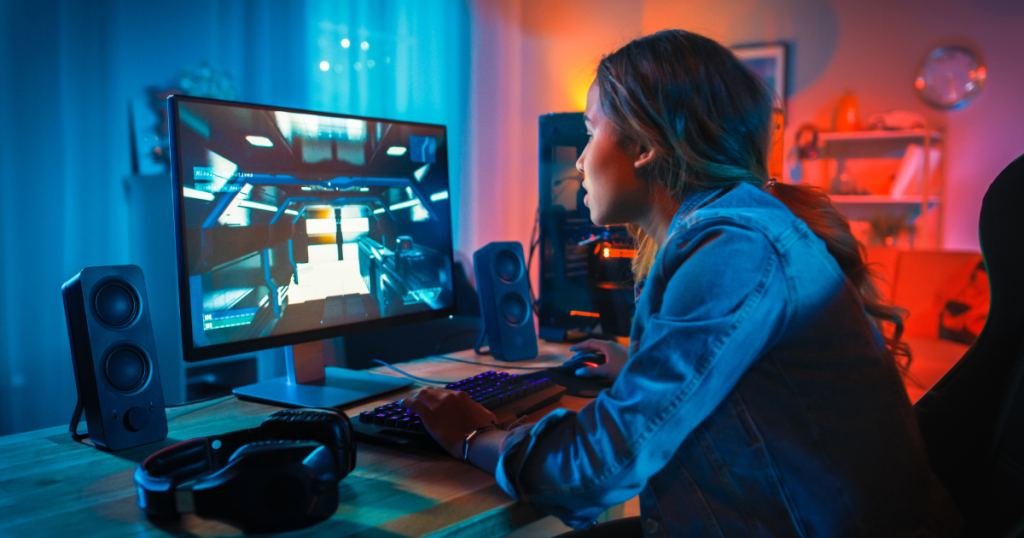 Someone gripping a keyboard, slightly slouched, eyes tired, subtle frustration showing in posture. Onset of gamer fatigue is evident